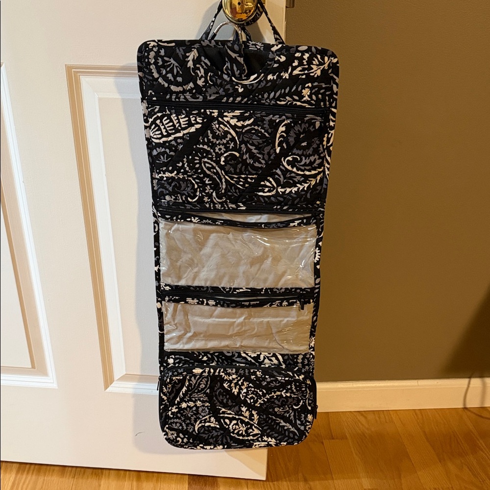 Hanging Toiletry Organizer in Black & White Paisley